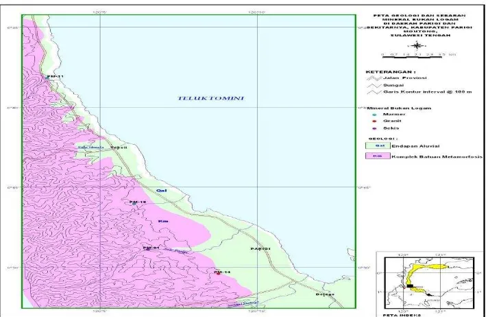 Gambar 7. Peta Geologi dan Sebaran Mineral Bukan Logam di daerah                          Balinggi dan Sekitarnya Kabupaten Parigi Moutong 