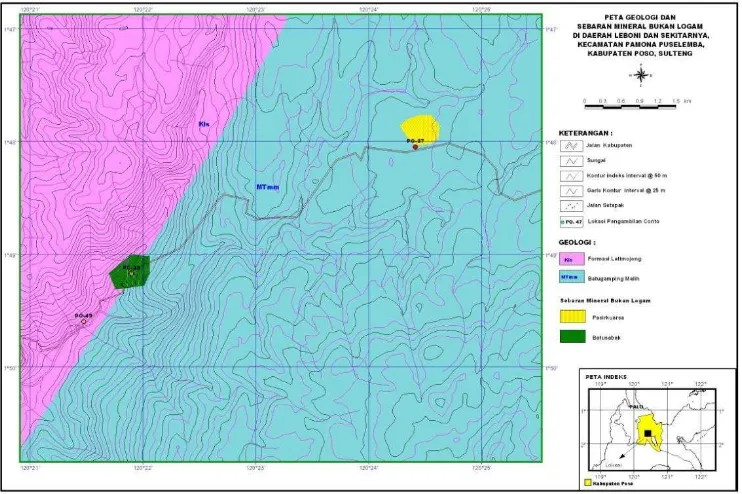 Gambar 2. Peta Geologi dan Sebaran Mineral Bukan Logam di Daerah                           Gintu dan Sekitarnya, Kecamatan Lore Selatan 