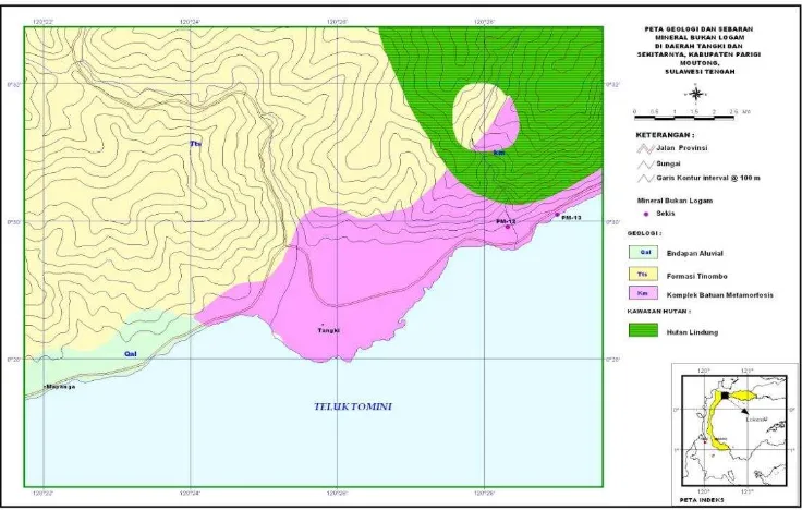 Gambar 4. Peta Geologi dan Sebaran Mineral Bukan Logam di Daerah                                     Pendolo dan Sekitarnya, Kecamatan Pamona Selatan 