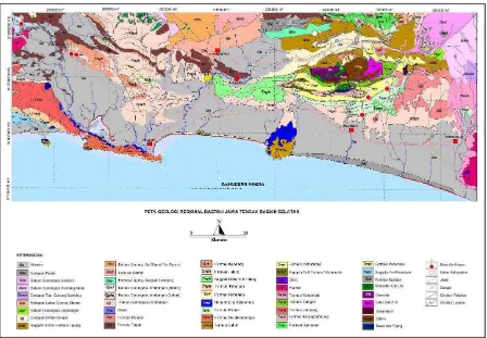 Gambar 2.  Peta Geologi Regional Daerah Jawa Tengah Bagian Selatan, Provinsi Jawa Tengah         (Kastowo,1975; Simandjuntak dan Surono,1992; Asikin,dkk.,1992a,b) 