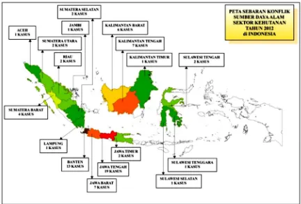 Gambar 2. Sebaran konflik Sumber Daya Alam Sektor Kehutanan di Indonesia.Sumber: Database HuMa, 2012.
