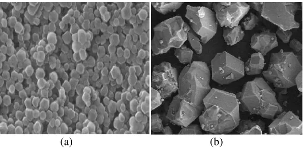 Gambar 3.3 Foto SEM material ZIF-8 dengan pelarut berbeda (a)pelarut air (Pan dkk., 2011) (b) Pelarut DMF(Kurniansyah, 2013)