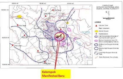Gambar 12.  Manifestasi baru sebelah barat daya MT-2 periode-2 2014 dikompilasikan dengan peta daerah prospek Mataloko (Modifikasi dari Pusat Sumber Daya Geologi) 