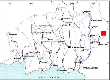 Gambar 1.  Peta Lokasi Daerah Penyelidikan di Kabupaten Barito Selatan,  Kalimantan Tengah