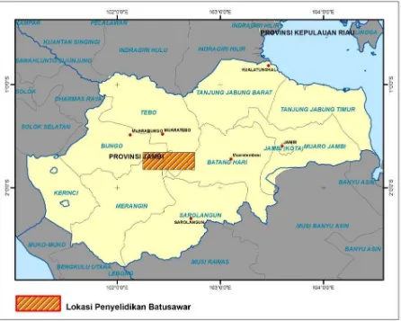 Gambar 1. Lokasi Penyelidikan (kotak merah) Daerah Batusawar dan Sekitarnya 