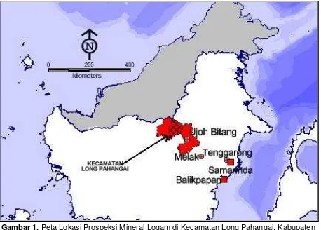 Gambar 1. Peta Lokasi Prospeksi Mineral Logam di Kecamatan Long Pahangai, Kabupaten Mahakam Ulu,  Provinsi Kalimantan Timur