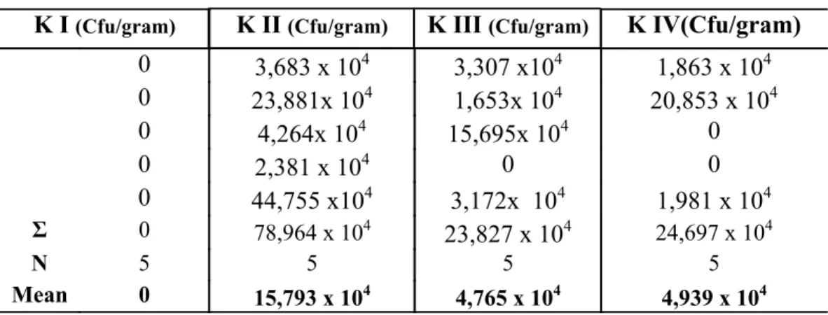 Tabel 1. Jumlah kuman Salmonella typhimurium per gram jaringan hepar K I  (Cfu/gram) K II  (Cfu/gram) K III  (Cfu/gram) K IV(Cfu/gram)