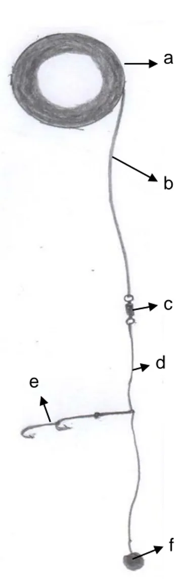 Gambar 1.  Pancing ulur yang digunakan di lokasi penelitian. a) penggulung tali;      