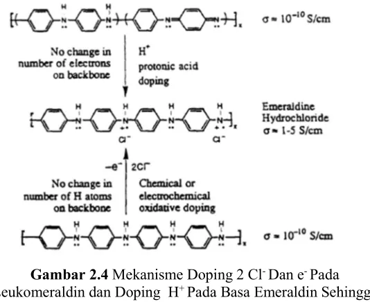 Gambar 2.4 Mekanisme Doping 2 ClMenjadi Garam Emeraldin Hidroklorida Dengan Konduktivitas 1-Leukomeraldin dan Doping  HDan ePada + Pada Basa Emeraldin Sehingga 5 S.cm-1 (MacDiarmid dan Epstein, 1992) 