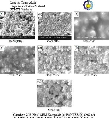 Gambar 2.15 Hasil SEM Komposit (a) PANI EB (b) CuO (c) PANI/CuO 10% (d) PANI/CuO 20% (e) PANI/CuO 30% (f) PANI/CuO 40% (g) PANI/CuO 50% (Jundale, 2013) 
