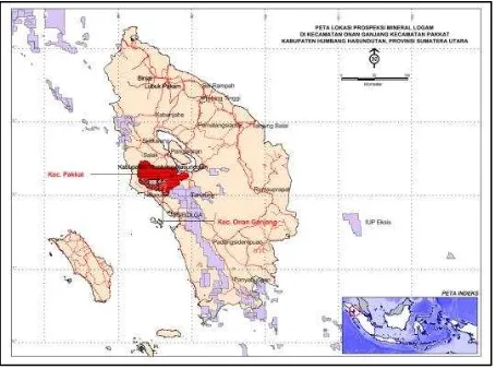 Gambar 1.  Peta Lokasi Prospeksi Mineral Logam di Kecamatan Onan Ganjang dan Kecamatan Pakkat, Kabupaten Humbang Hasundutan, Provinsi Sumatera Utara 