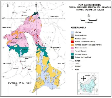 Gambar 3.  Peta Geologi Daerah Penyelidikan Kecamatan Danau Sembuluh, Seruyan 
