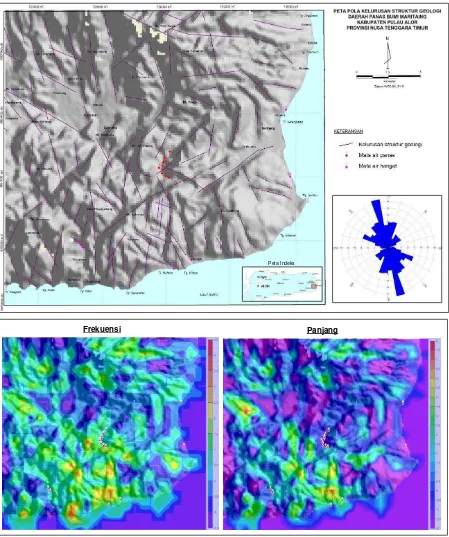 Gambar 3. Peta Pola Kelurusan Struktur Geologi  dan Hasil Analisis Kerapatan  Pola Kelurusan Struktur Geologi (FFD) Daerah Maritaing Berdasarkan Frekuensi (Kiri) dan Panjang (Kanan) Kelurusannya