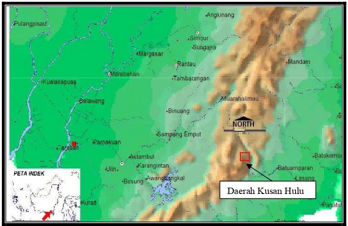 Gambar 1. Peta lokasi cebakan bijih besi di Kusan Hulu, Kab. Tanah Bumbu,Kalimantan Selatan.