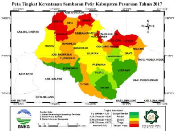 Gambar 2. Peta tingkat kerentanan sambaran petir per kecamatan di Kabupaten Pasuruan  tahun 