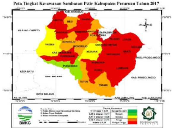Gambar 3. Peta tingkat kerawanan sambaran petir per kecamatan di Kabupaten Pasuruan  tahun 2017 