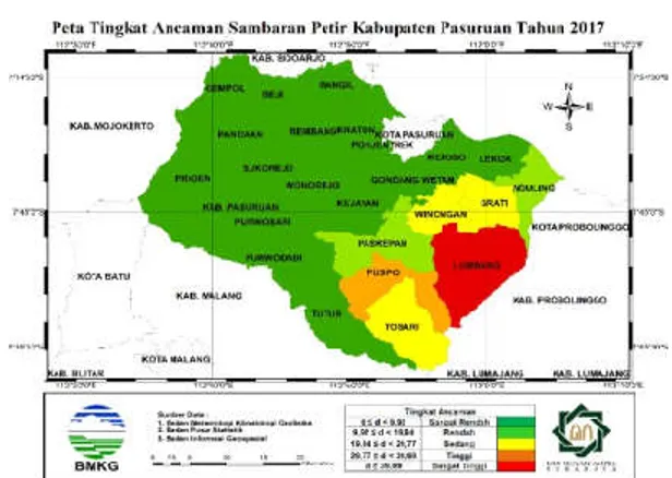 Gambar 1. Peta tingkat ancaman sambaran petir per kecamatan di kabupaten Pasuruan  tahun 2017 