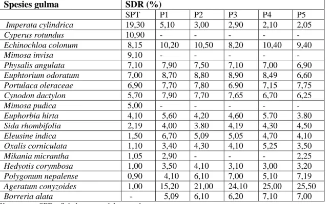 Tabel 1.   Komposisi gulma (SDR)  sebelum pengolahan tanah (SPT), dan umur 1 BST,        pada  pertanaman  pepaya  dengan  pupuk  organik  (pukana=pupuk  kandang  ayam)  dan  an  organik  (NPK)  Spesies gulma  SDR (%)  SPT       P1  P2  P3  P4  P5   Impera