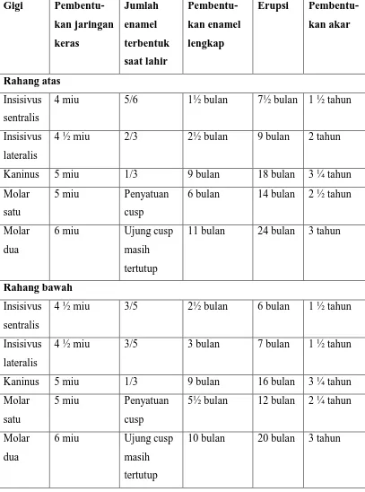 Tabel 1. Kronologi erupsi gigi-geligi desidui menurut Kronfeld R.1,13,15  