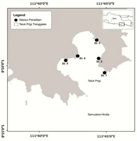 Gambar 1. Peta Penelitian Perairan Teluk Prigi Trenggalek Jawa-Timur