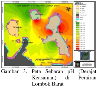 Gambar  3.  Peta  Sebaran  pH  (Derajat  Keasaman)  di  Perairan  Lombok Barat 