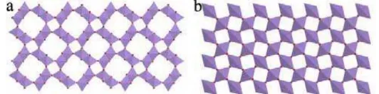 Gambar II.1 (a)  Struktur dari α-MnO2 tersusun atas rantai ganda MnO6 oktahedral. (b) β-MnO2 tersusun atas rantai tunggal MnO6 oktahedral