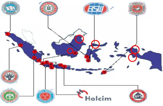 Gambar 1. Peta Lokasi Pabrik Semen dan Lokasi Potensi Bahan Baku Semen di Indonesia Timur
