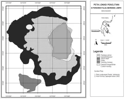 Gambar 1.  Peta Lokasi dan Pengambilan Contoh Karang Acropora nobilis di Bagian Barat Laut Pulau  Barrang Lompo, Kepulauan Spermonde, Makasar