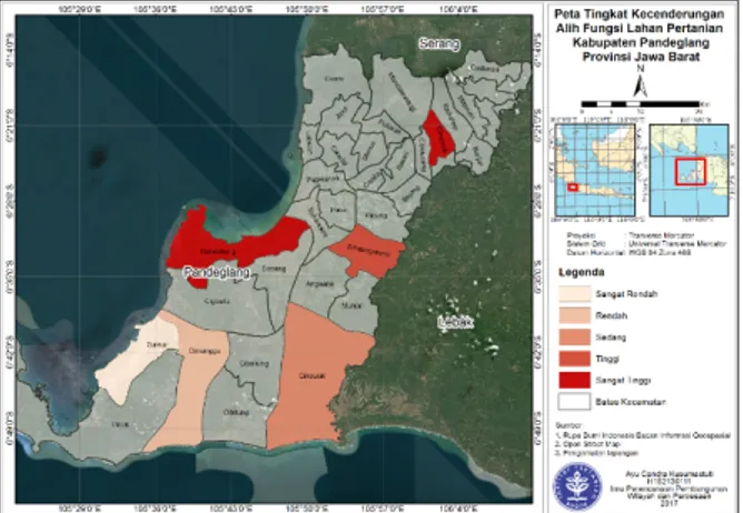 Gambar 4 Peta potensi alih fungsi lahan berdasarkan  kecamatan Kabupaten Pandeglang