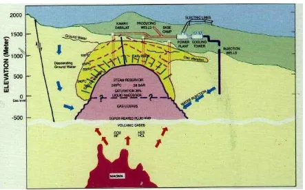 Gambar 3. Model hidrotermal Lapangan Awibengkok, Komplek Gunung Salak (CGI, 2002)(Contoh tipe sistem panas bumi komplek vulkanik di pulau besar)