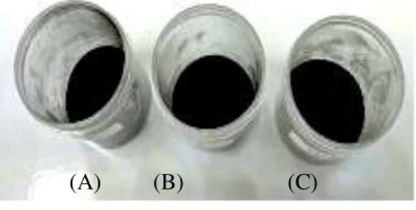 Gambar  1.    Karbon  aktif  tempurung  kelapa  (A),  tulang sapi (B), dan tulang babi (C) 