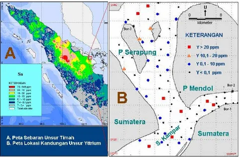 Gambar 11. A. Peta sebaran unsur Sn (Suprapto, 2008), dan B. Peta lokasi kandungan unsur yttrium di perairan dan pantai KualaKampar, Riau (modifikasi dari Setiady dkk, 2008)