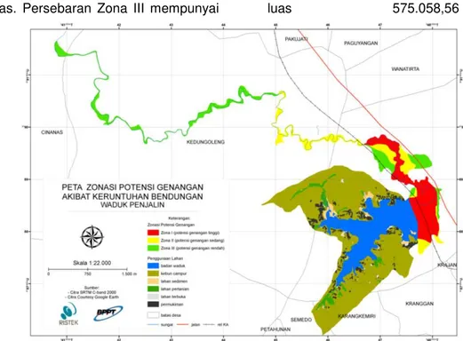 Gambar  5.  Peta  zonasi potensi  genangan akibat  jebolnya tanggul Waduk Penjalin, Kabupaten  Brebes,  Provinsi Jawa Tengah 