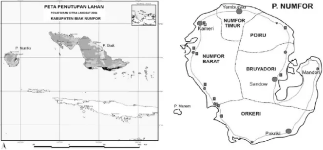 Gambar 1. Lokasi Penelitian di 5 distrik yang ada di Pulau Numfor, Kabupaten Biak Numfor, Provinsi  Papua, yakni Numfor Timur, Numfor Barat, Orkeri, Bruyadori, dan Poiru