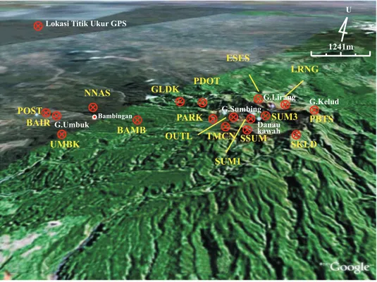 Gambar 2. Lokasi titik ukur GPS Gunung Kelud; © 2008 Europa Technologies, Image © 2008 Digital Globe, Image ©  2008 Terra Metrics.