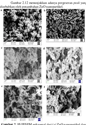 Gambar 2. 13  FESEM mikrograf dari (a) ZnO nanopartikel dan sampel PANI (b) S0, (c) S1, (d) S2, (e) S3 and (f) S4