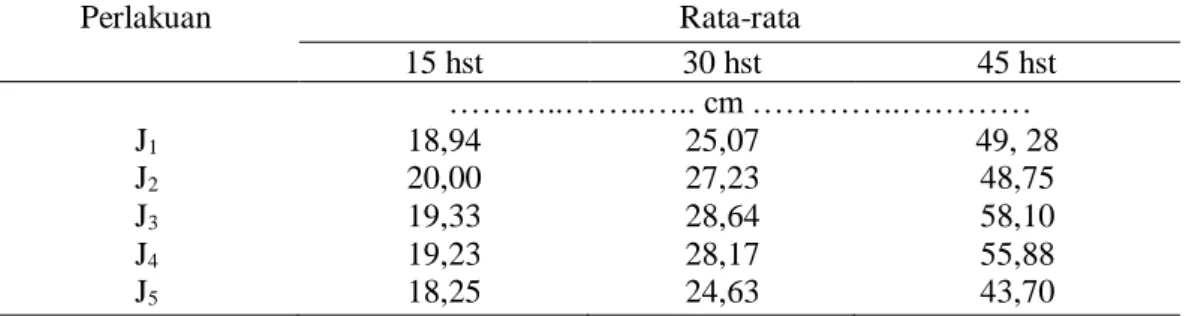 Tabel 2. Rata-rata tinggi tanaman (cm) pada beberapa jarak tanam pada umur 15, 30, dan 45 hari setelah tanam  (hst)  Perlakuan  Rata-rata  15 hst  30 hst  45 hst  ………..……..….
