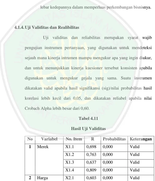 Tabel 4.11  Hasil Uji Validitas 