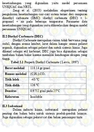 Tabel 2.1 Properti Diethyl Carbonate ( Lewis, 1997) 