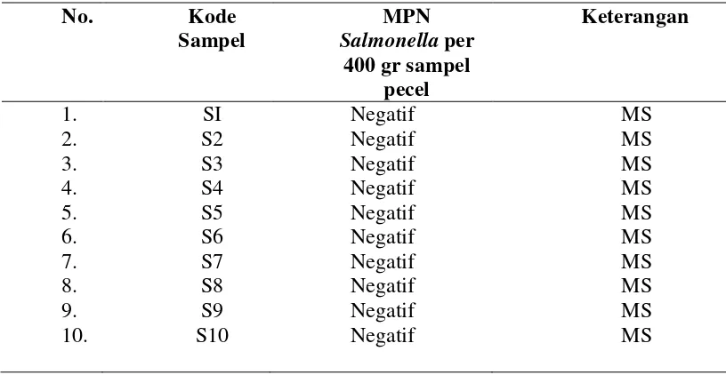 Tabel 4.13 Hasil Pemeriksaan Bakteri Salmonella Pada Pecel Yang Dijual Di 