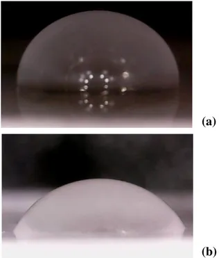 Gambar 4. Tetesan water bead diatas permukaan PE (a) sebelum dan (b) sesudah 20  detik perlakuan plasma 