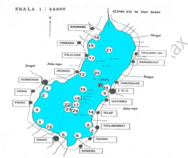 Gambar 01.  Peta lokasi penelitian di Danau Tondano 