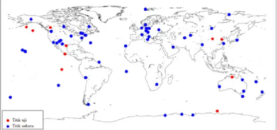 Gambar 1. Loksai titik sekutu ITRF (Sumber:http://itrf.ensg.ign.fr/ITRF_solutions/2005/ 