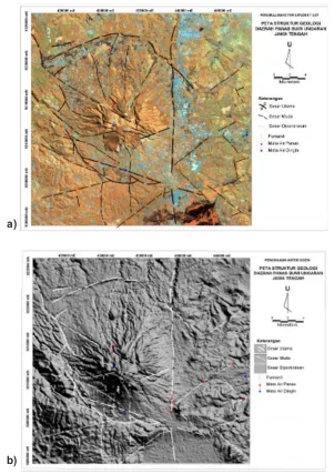 Gambar 2. a) Peta Struktur Geologi daerah Ungaran berdasarkan penafsiran                        Citra Landsat LE7                   b) Peta Struktur Geologi daerah Ungaran berdasarkan penafsiran Citra                       ASTER GDEM setelah penafsiran dari Citra Landsat LE7