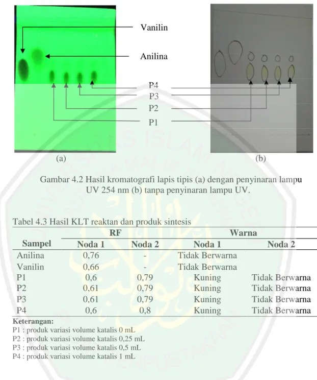 Gambar 4.2 Hasil kromatografi lapis tipis (a) dengan penyinaran lampu                                   UV 254 nm (b) tanpa penyinaran lampu UV