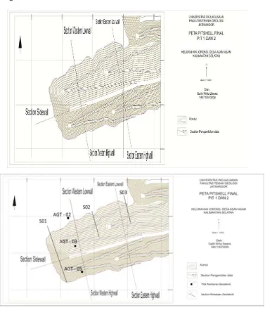 Gambar 2. Posisi lereng di daerah penelitian, titik pengeboran geoteknik,                   section pemetaan geoteknik  dan section yang akan dianalisis