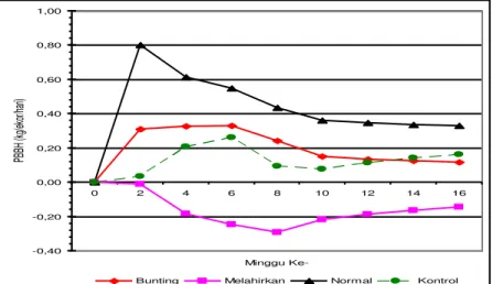 Gambar 1. Grafik Rata-rata Pertambahan Bobot Badan Harian Sapi Bali Betina pada Kondisi Sedang Bunting, Sehabis  Melahirkan  dan  Normal  yang    Diberi  Bioplus  dan  Sapi  Kontrol  (Tanpa  Bioplus),  Desa  Bungai   Jaya-Kapuas, 2003 (kg/ekor/hari) 