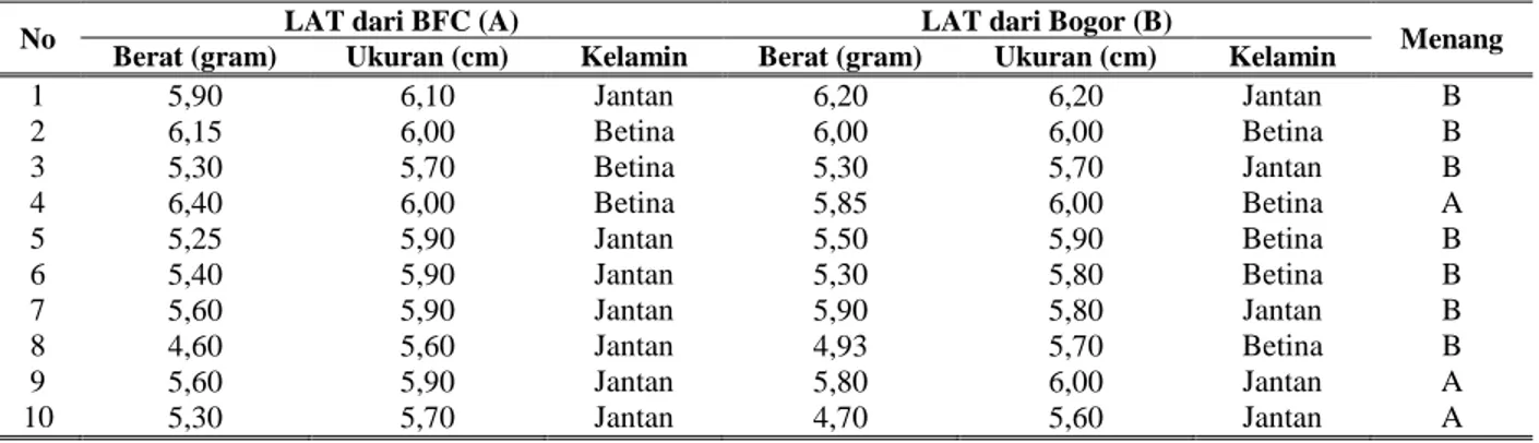 Tabel 2. Berat, ukuran, jenis kelamin, asal LAT serta pemenang pada percobaan perilaku agonistik