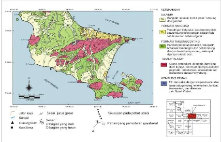 Gambar 3. Peta geologi Bangka Selatan, yang disederhanakan (Margono drr, 1995).