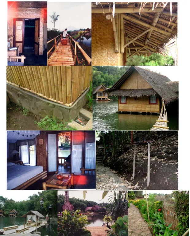 Gambar 12 Penggunaan material bambu dalam berbagai elemen desain   baik eksterior maupun interior Resor Kampung Sampireun 
